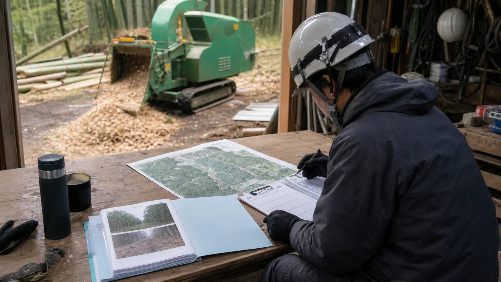 竹林の境界図・作業日報・完了確認書を確認する架空の整備事業者（AI生成の説明用イメージ）