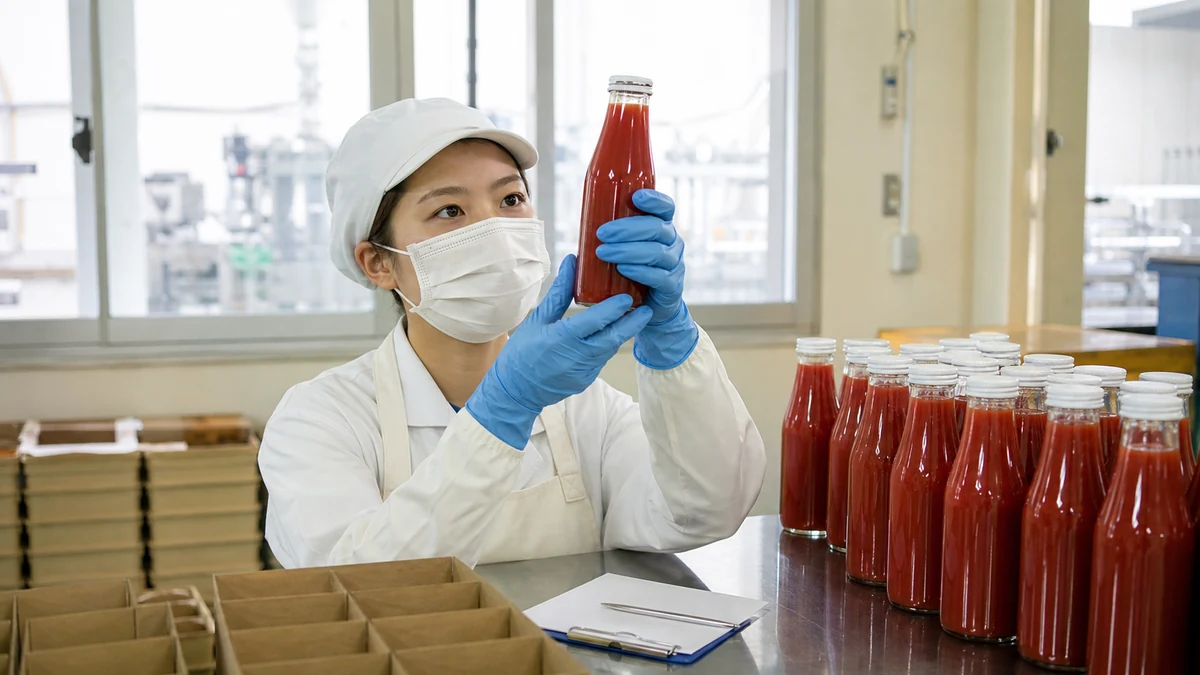 奈井江町のトマトジュース加工を想定し、担当者が瓶の充填量とキャップの密栓状態を確認する生成イメージ