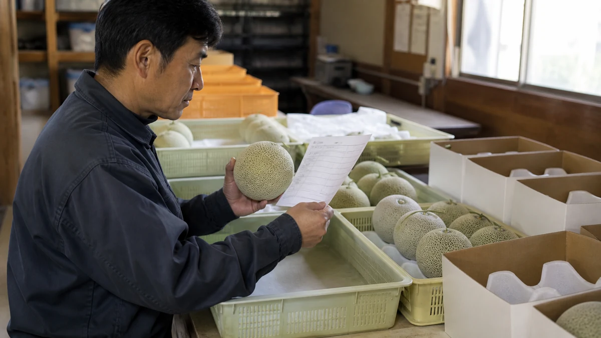 中富良野町のメロン出荷で等級と箱詰め数量を確認する場面を想定した生成イメージ