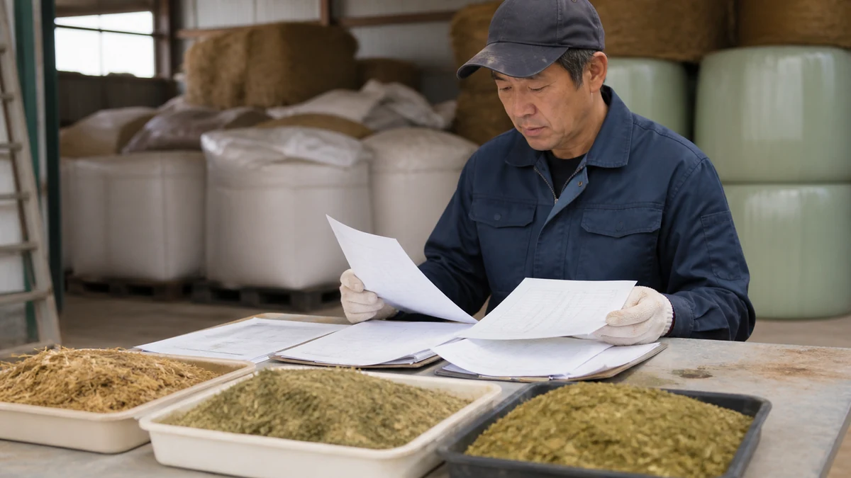 北海道中川町の酪農で飼料と購買・精算資料を確認する場面を想定した生成イメージ