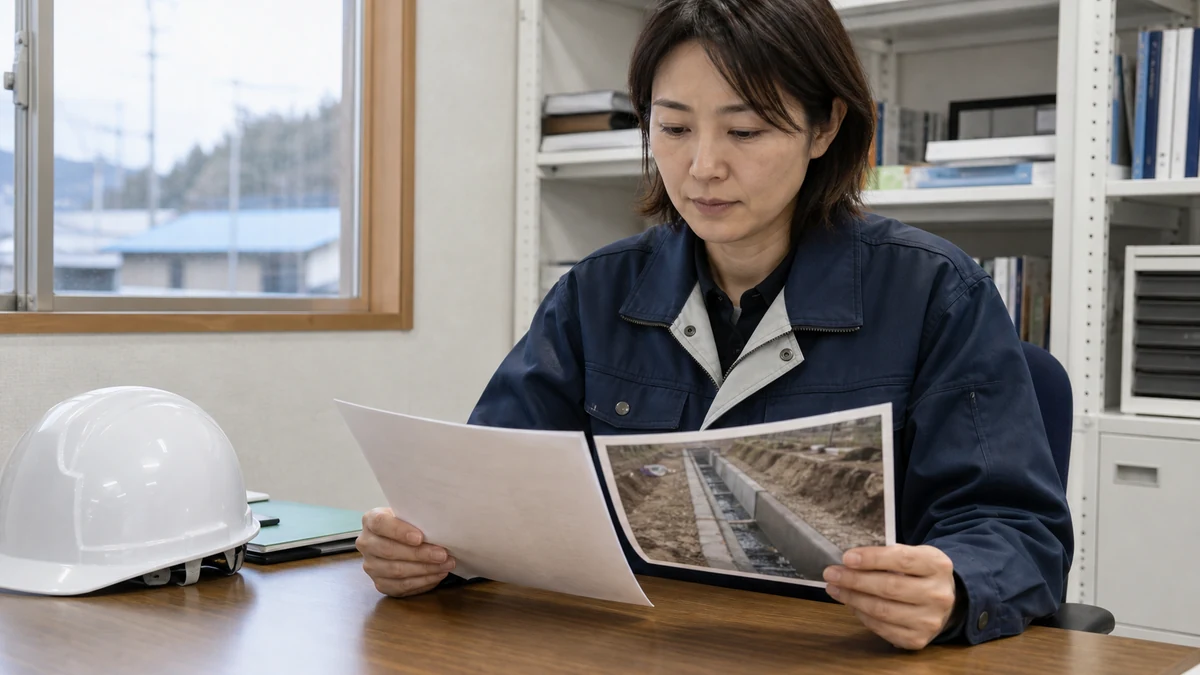 中頓別町の補修工事で施工記録と材料納品・変更資料を照合する場面を想定した生成イメージ