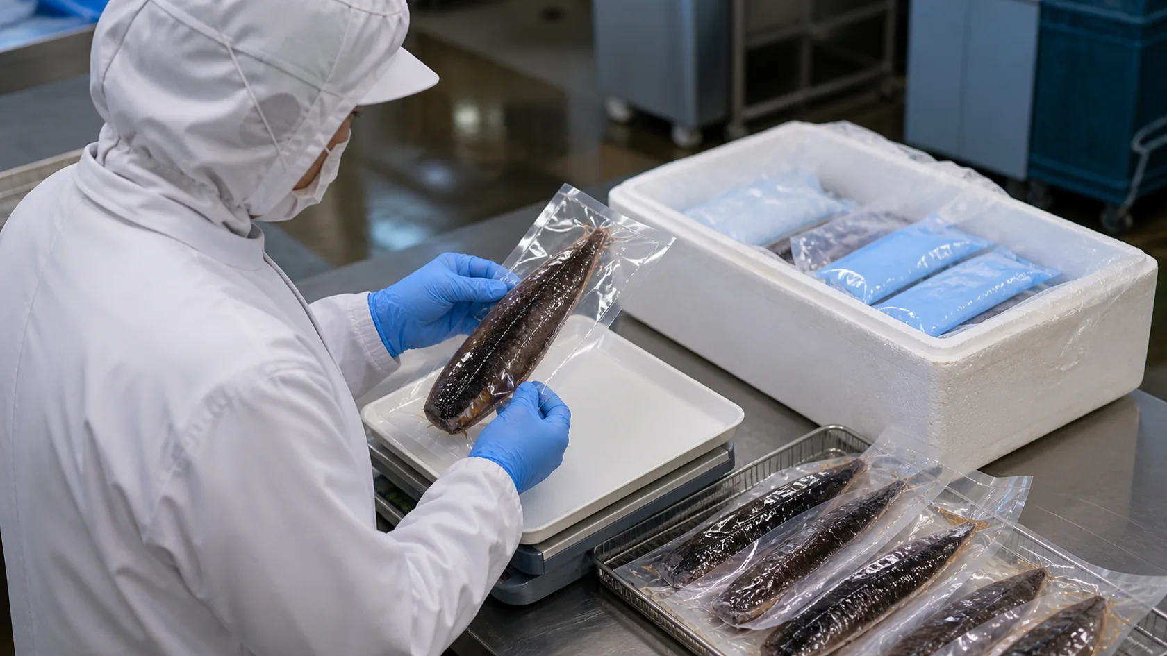中土佐町の出荷モデルでカツオたたきの真空袋と保冷箱を点検する担当者（AI生成の説明用イメージ）