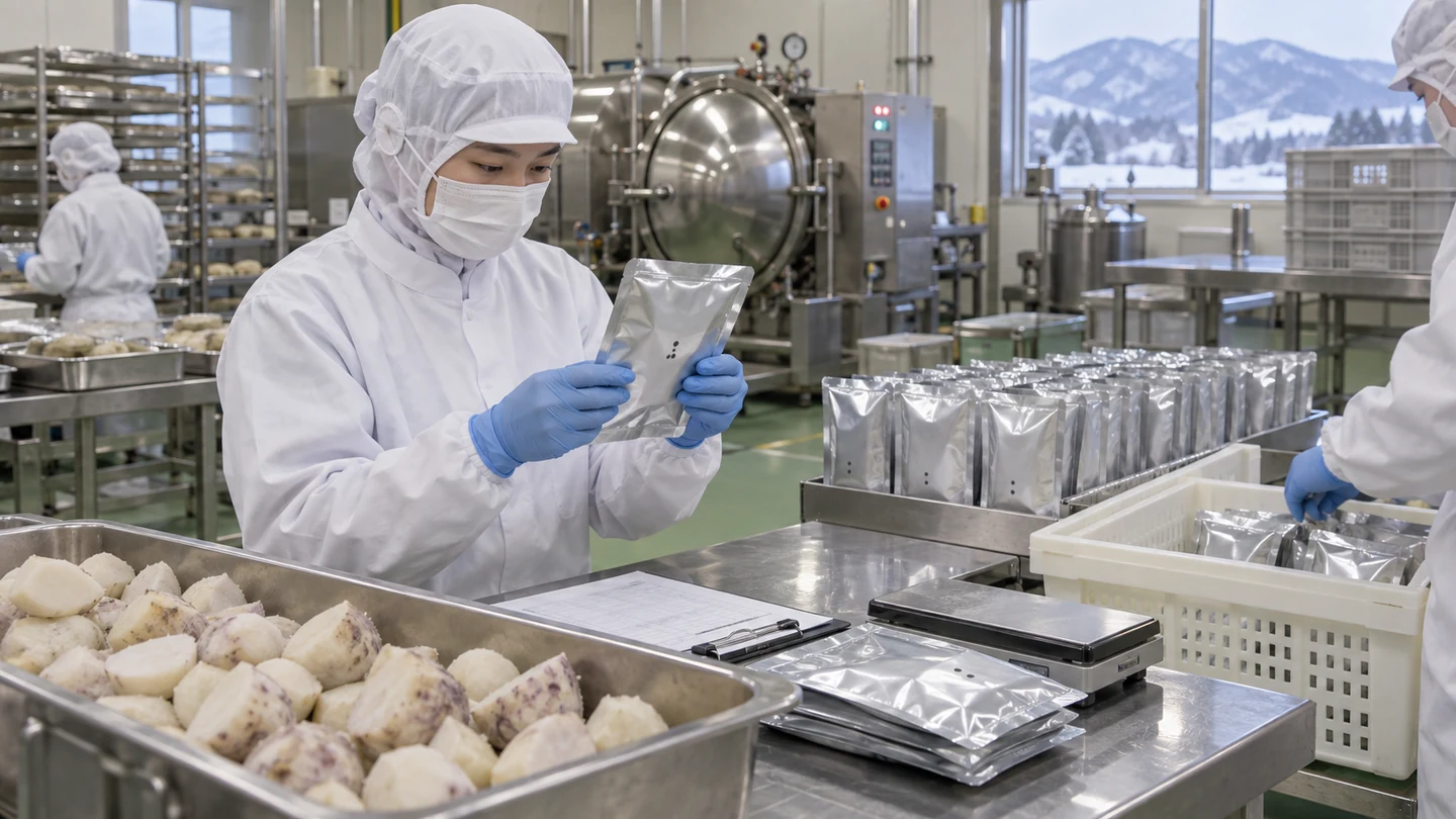 架空の食品加工担当者が容器表示と完成ロットを確認する場面（AI生成イメージ）