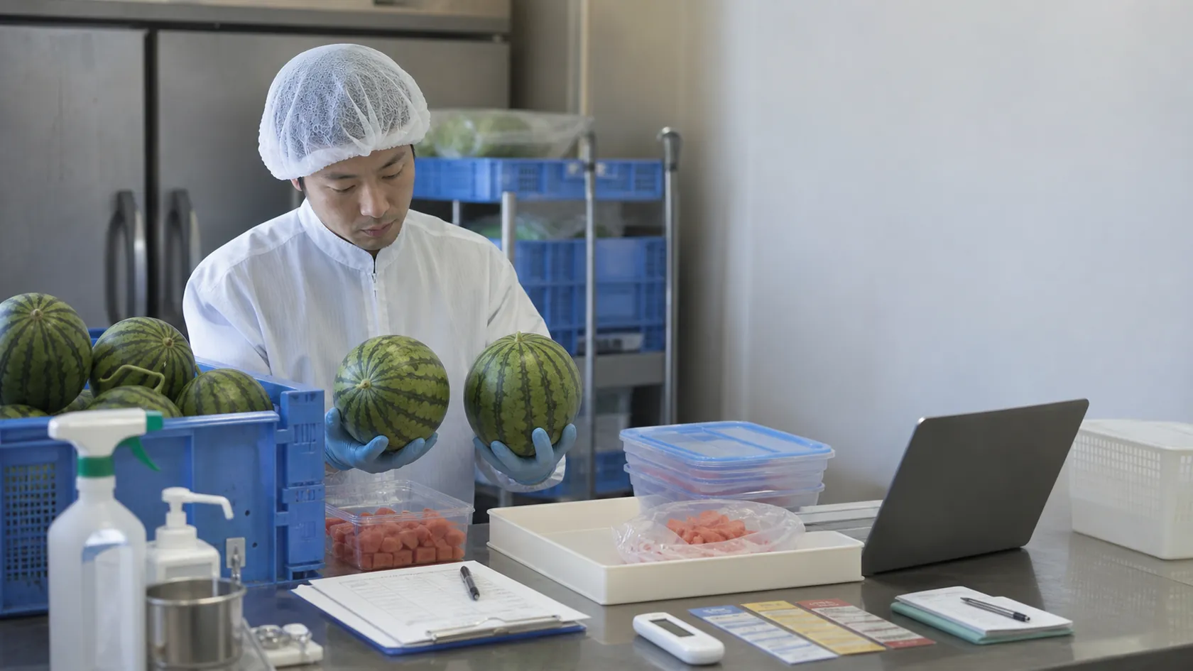 可食歩留まり・品温と納品返品明細を照合する架空加工所（AI生成の説明用イメージ）