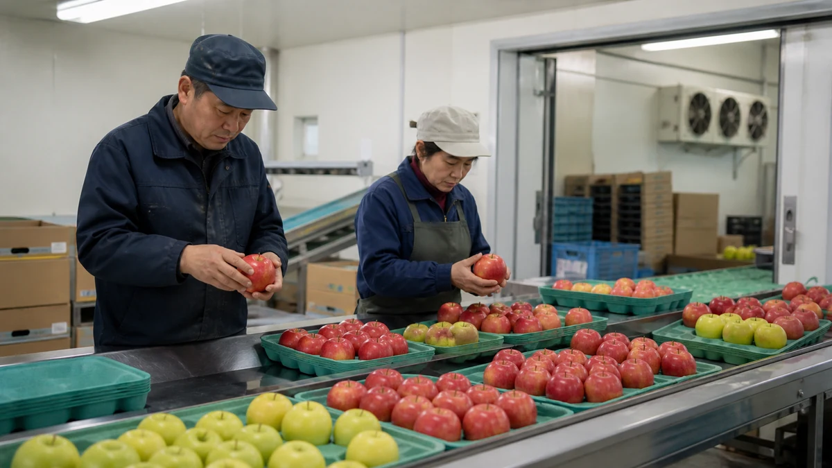 七飯町のりんご選果場で傷・着色・形状・重量・予冷状態を確認し、販売先別の箱数と出荷日を調整する担当者