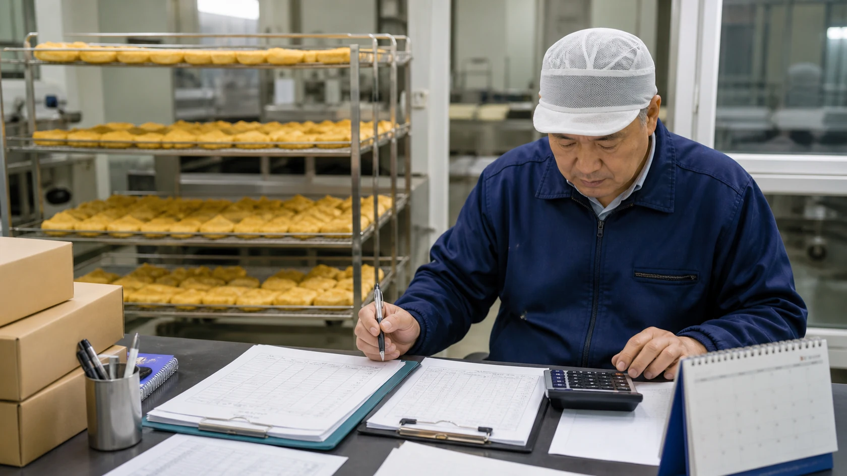 原料ロット・検査記録・卸先の検収予定を確認する架空の油揚げ製造事業者（AI生成の説明用イメージ）