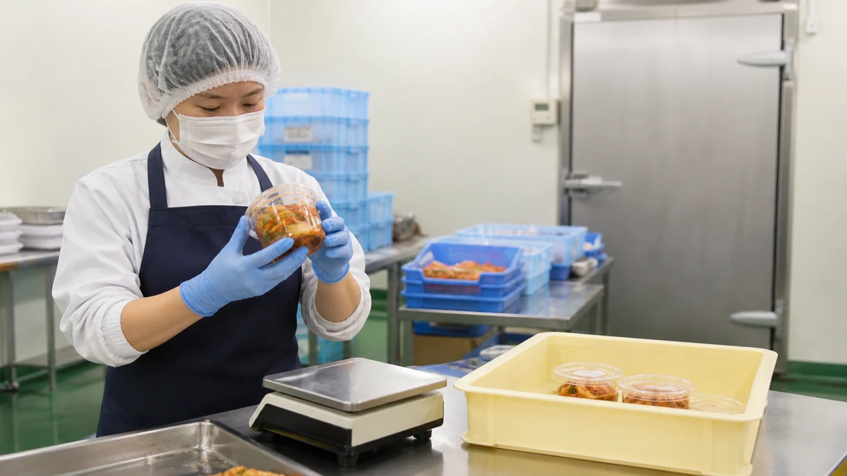 南幌町のキャベツキムチ製造を想定し、担当者が充填重量と容器の封緘状態を確認する生成イメージ