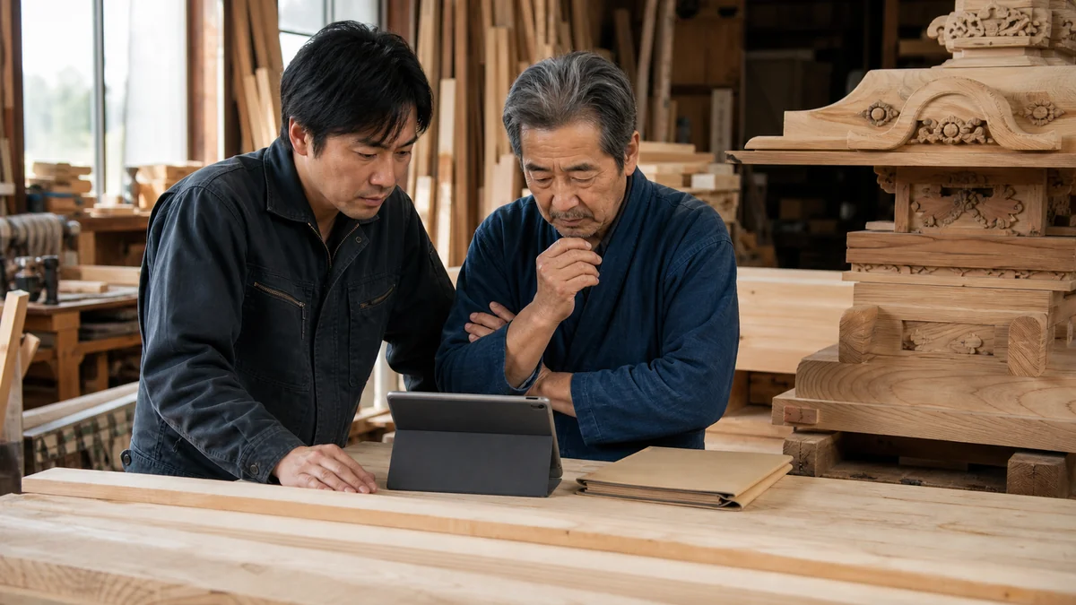 南砺市の木工所で木材在庫と製作日程を確認する職人