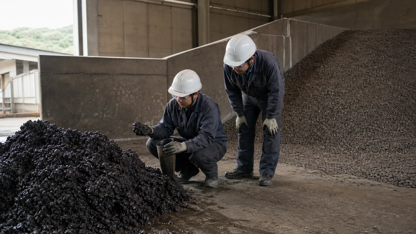 直島町の非鉄金属原料ヤードで水分と分析値の差が出た原料を隔離確認する担当者