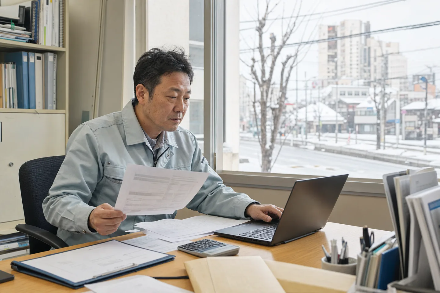 新潟市中央区の事業者が官公庁・法人案件の入金待ちと支払予定を確認する様子