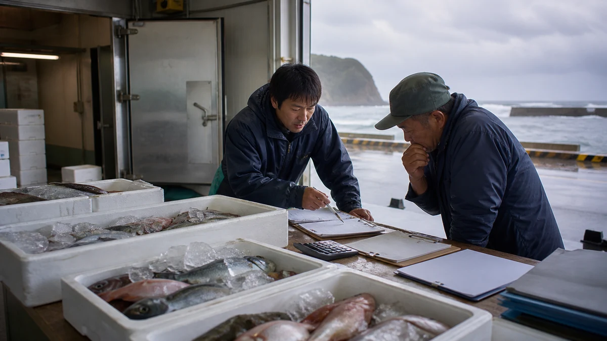 粟島浦村で荒天による操業・定期船の欠航と冷蔵保管延長で鮮度や精算日が変わることを確認する担当者