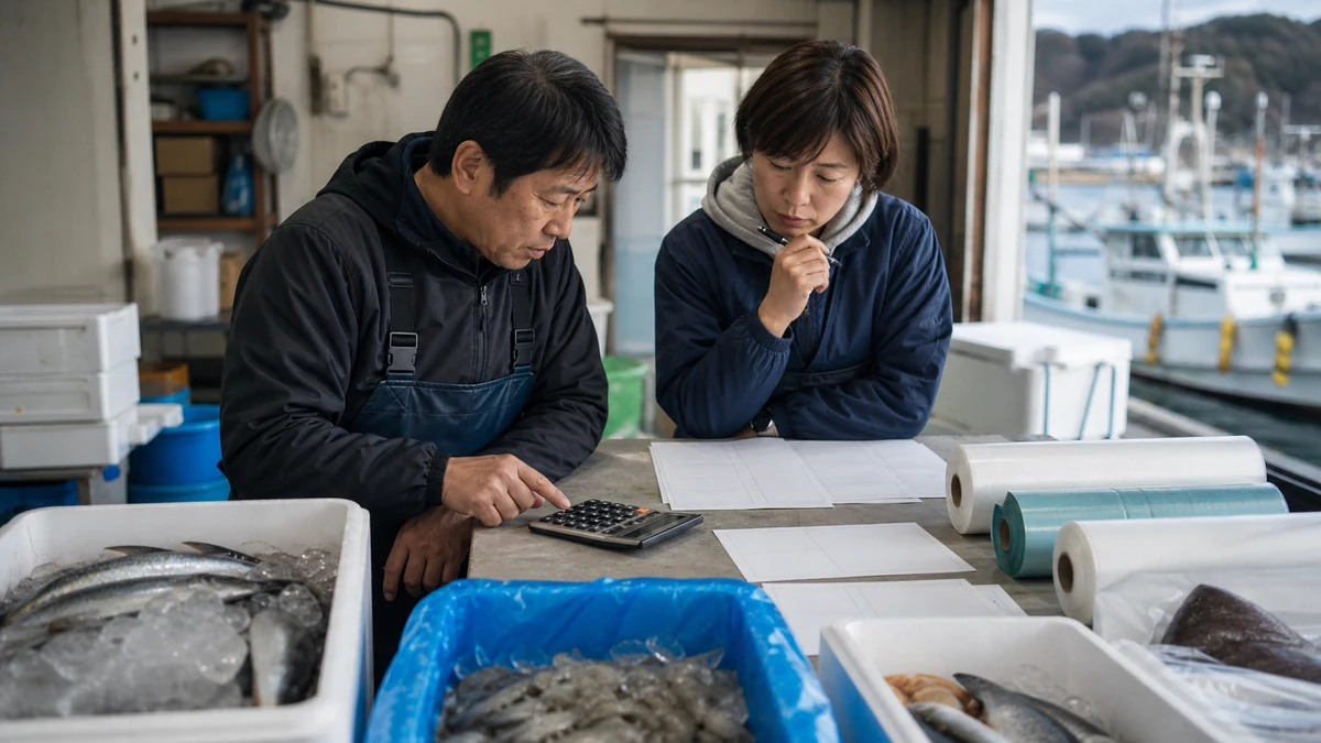 出雲崎町で海況による漁獲量の変動と選別遅れによる鮮度低下を確認する担当者