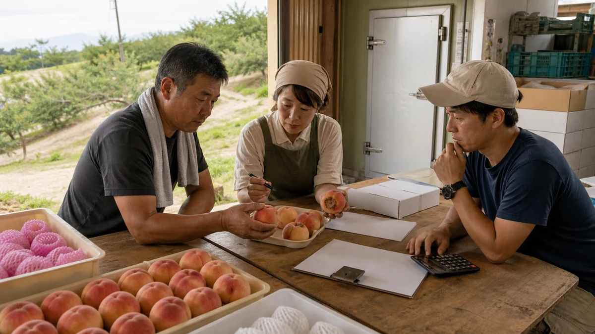 刈羽村で斜面での運搬傷と高温による軟化で等級・日持ちが下がることを確認する担当者