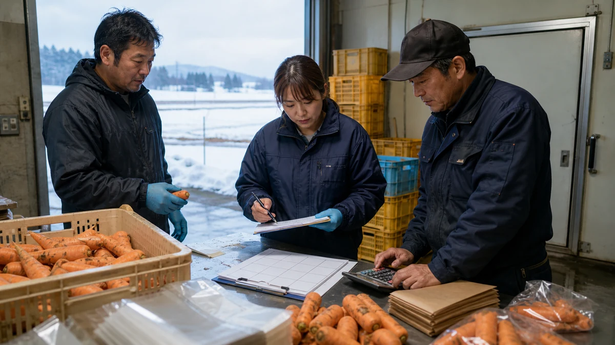 津南町で積雪硬化と掘取り傷による収穫遅れ・良品率低下を確認する担当者