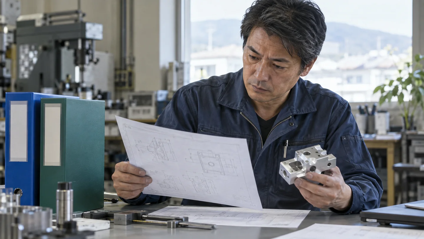 架空の検査机で変更図面と加工用の治具を照合する担当者（AI生成イメージ）