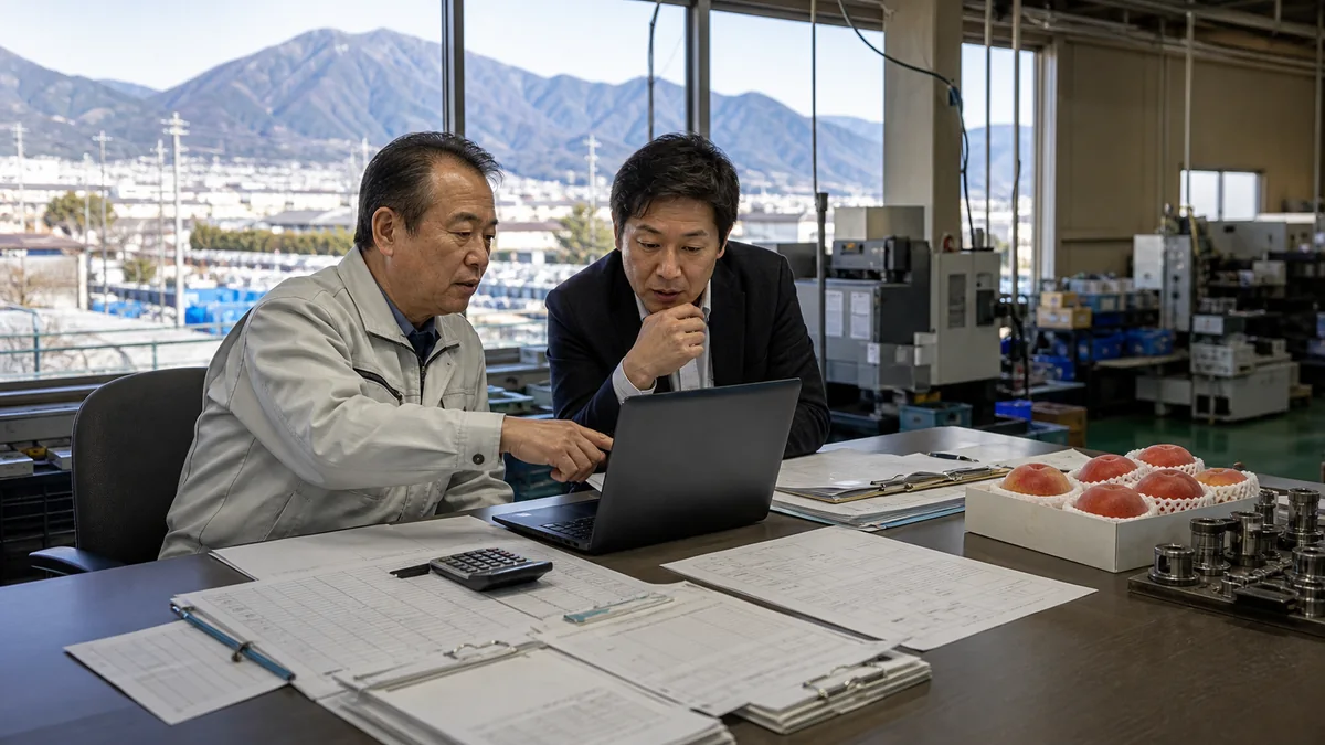 韮崎市の製造事業者が部材費と検収入金の13週間資金繰りを確認する様子