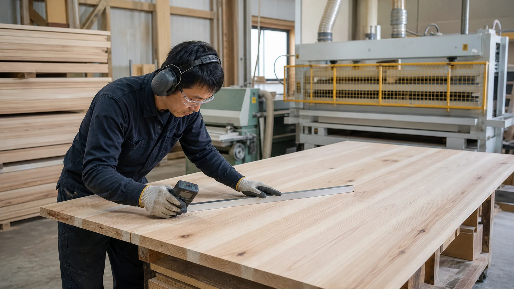 西粟倉村の木材加工場で原木番号・製材歩留まり・乾燥炉・含水率・幅接ぎ・内装パネル検査を照合する担当者