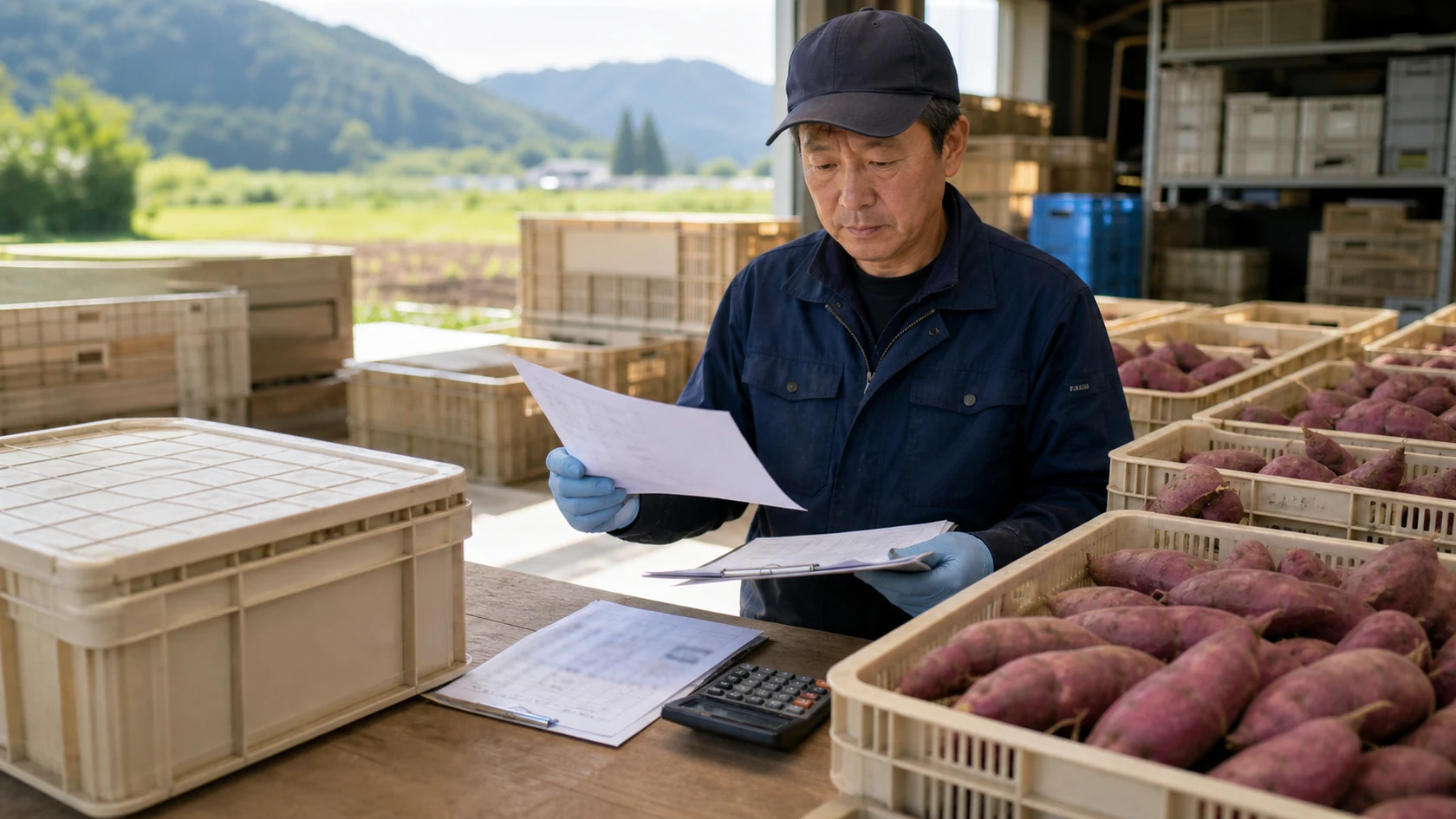 圃場観察記録と出荷精算書を確認する架空の甘藷農家（AI生成の説明用イメージ）