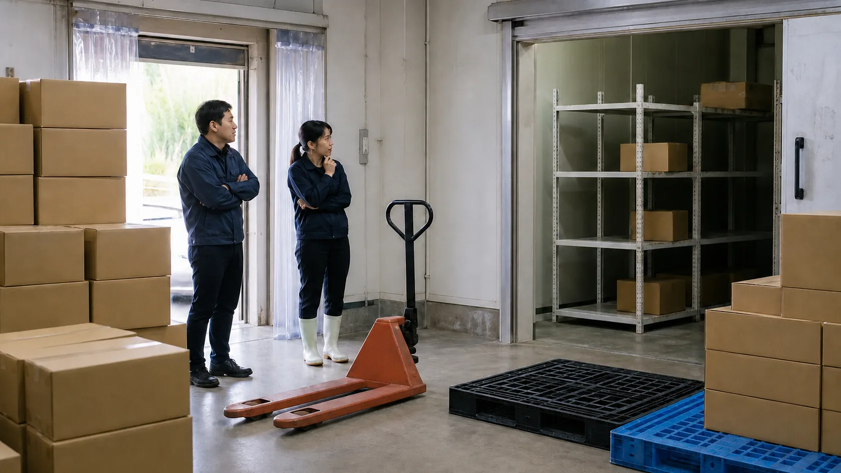 製造ロットと包装箱・卸検収を照合する架空加工所（AI生成の説明用イメージ）