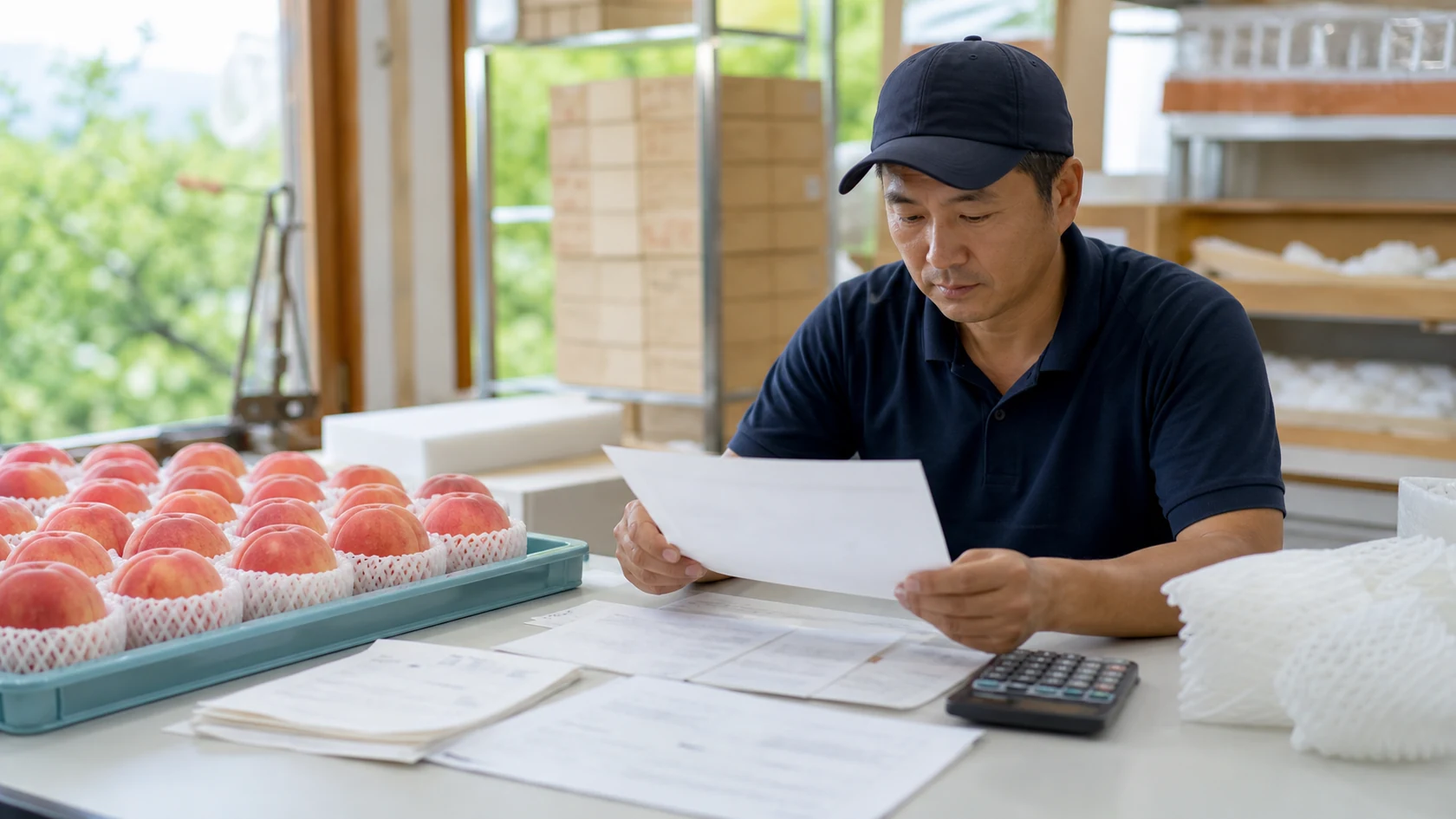 桃の予約台帳と発送・返金予定を確認する架空農家（AI生成の説明用イメージ）