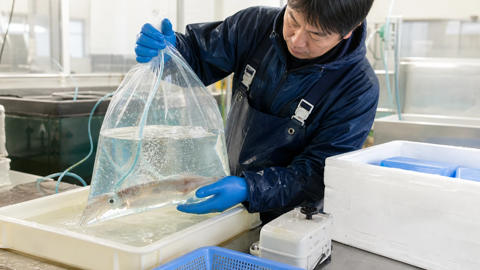 西ノ島町の活魚作業場で受入水槽・活力・サイズ・人工海水・酸素・袋漏れ・冷蔵便を照合する担当者