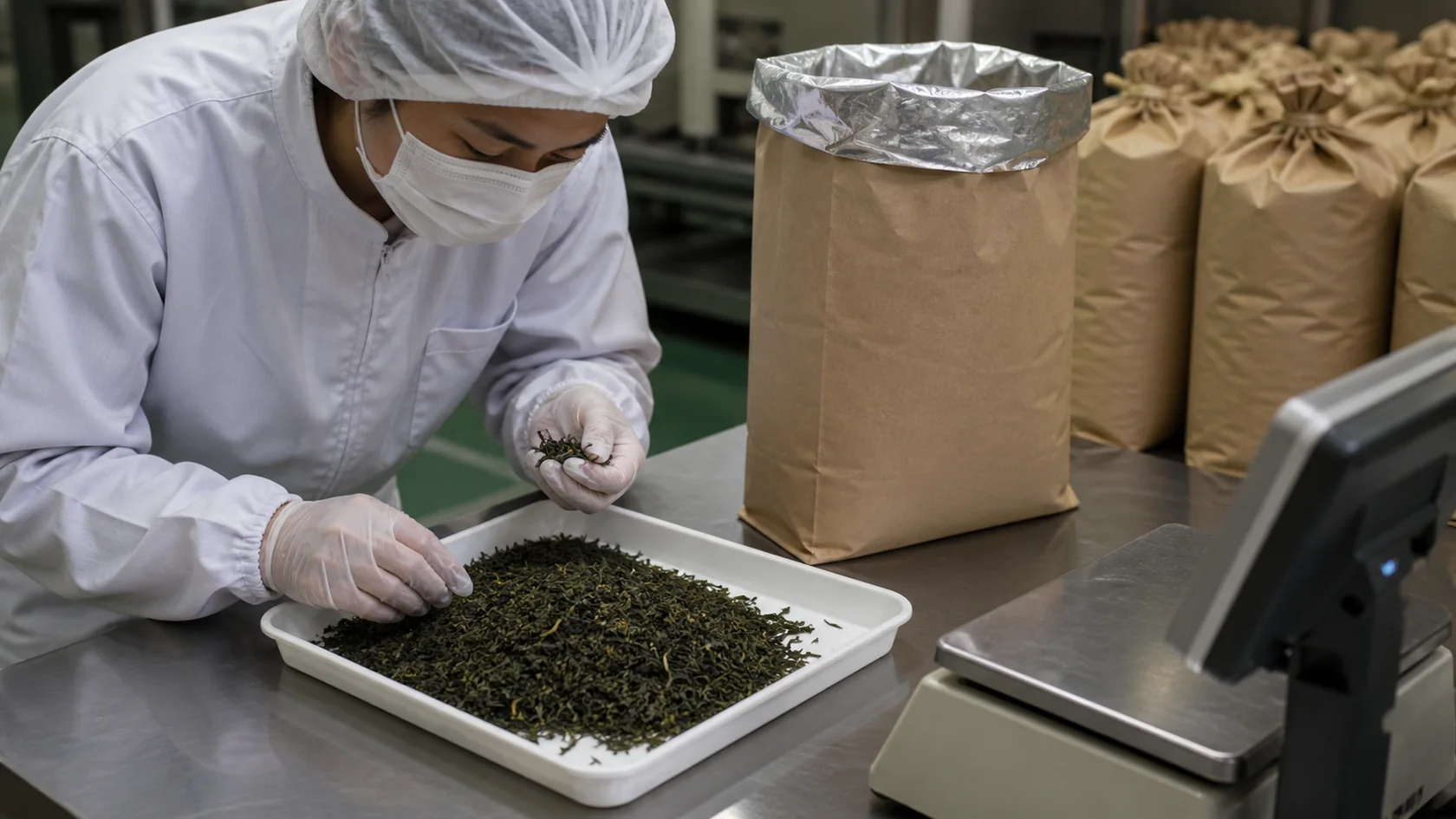 仁淀川町の荒茶モデルで乾燥茶葉と内袋付き出荷袋を点検する担当者（AI生成の説明用イメージ）