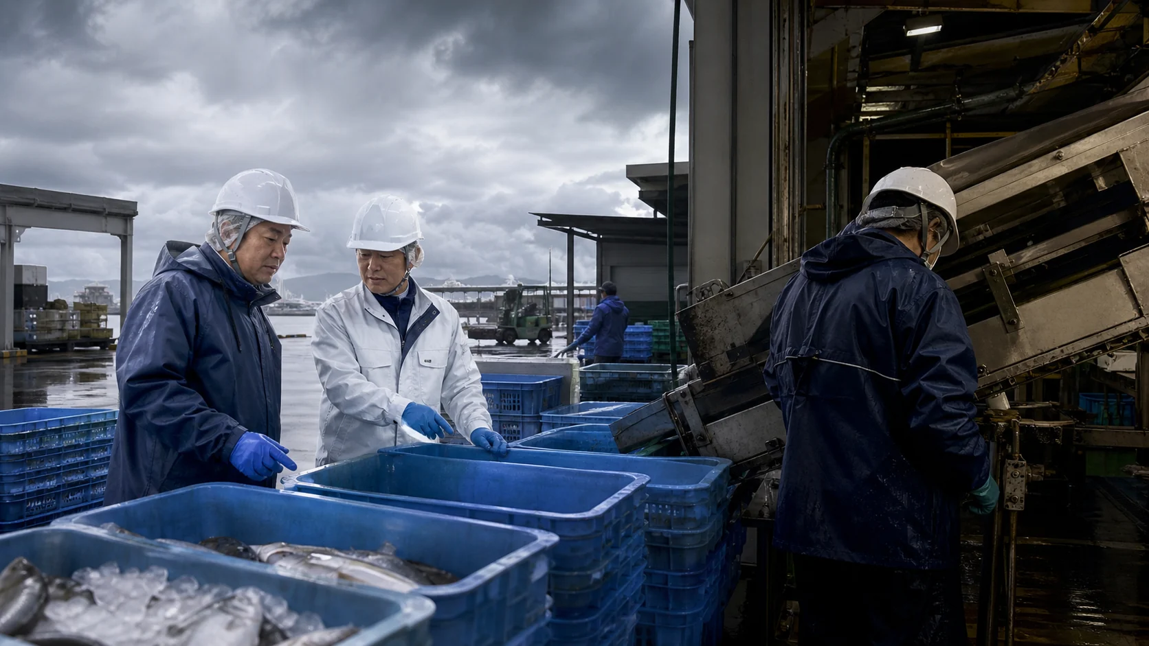 延岡市で原材料・水産物の先払いに備えて在庫と設備を点検する現場