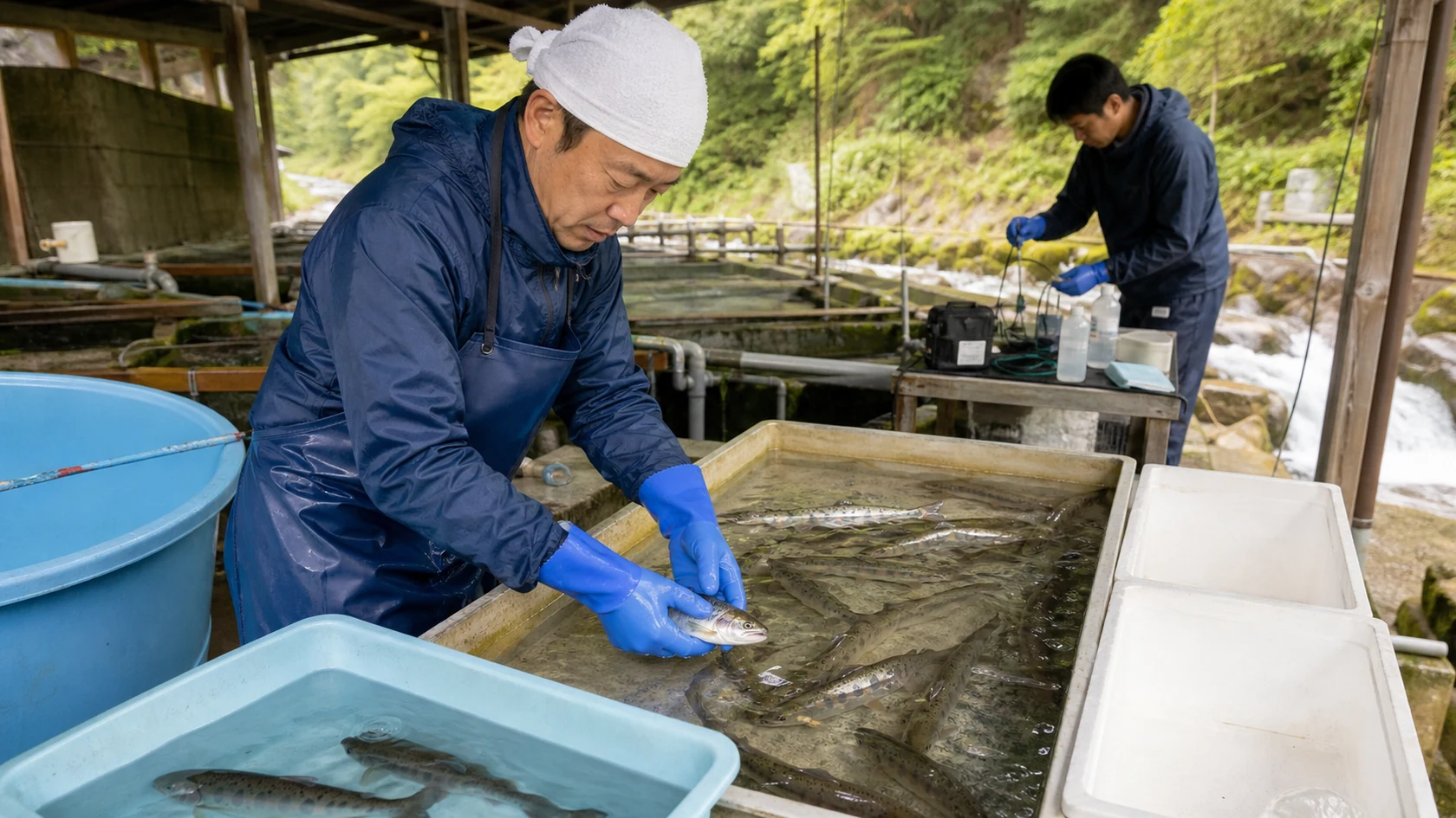 野迫川村のアマゴ養殖・加工場で成育不足・傷・身崩れ品を隔離し、池番号と加工記録を照合する担当者