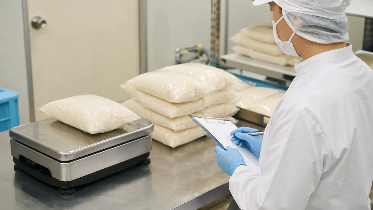 沼田町の精米出荷前に袋の重量を確認する場面を想定した生成イメージ