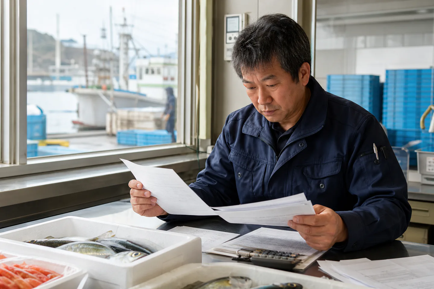 沼津市の水産事業者が仕入れ・加工費・冷蔵費の支払予定を確認する様子