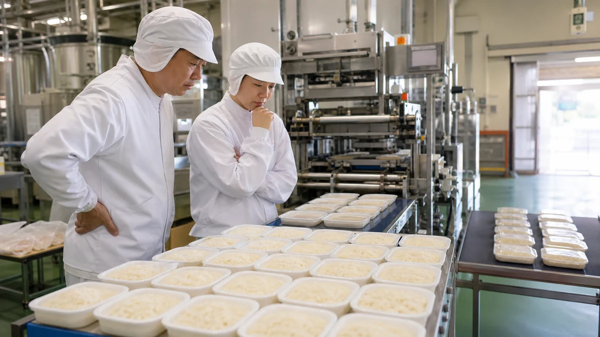 入善町の食品工場で密封待ちのパックご飯を確認する担当者