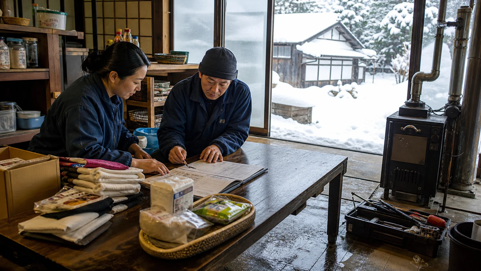 尾花沢市で春の作付けと施設準備、夏のすいか収穫・選果・冷蔵、秋のそば・米収穫、冬の銀山温泉食材・暖房、豪雪期の除排雪・配送費の支払いを点検する事業現場