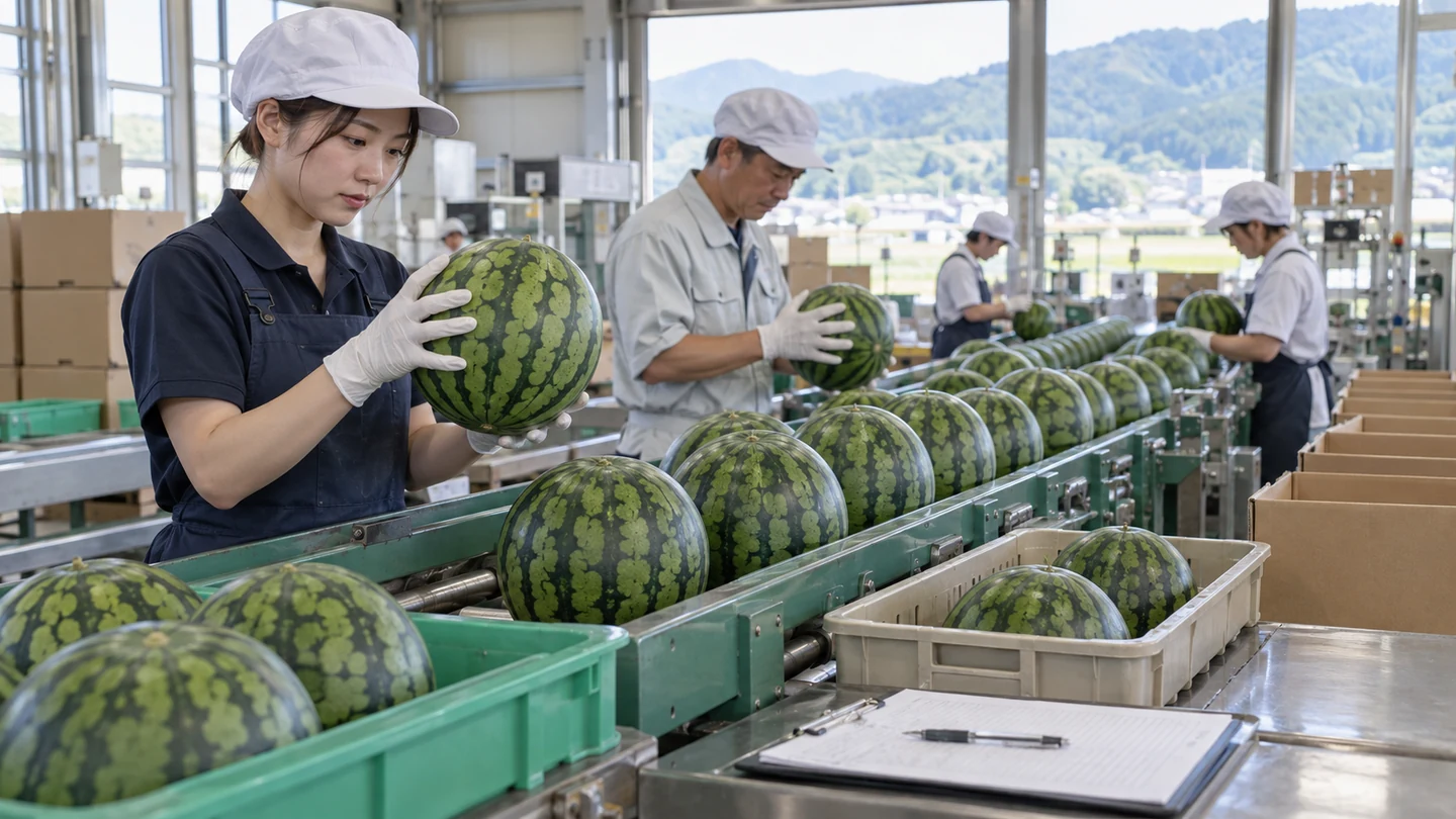 架空の選果担当者がすいかの等級と出荷箱数を確認する場面（AI生成イメージ）