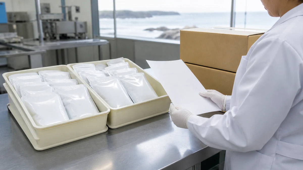 小平町のゆでだこ出荷で包装規格と製品数量を照合する場面を想定した生成イメージ