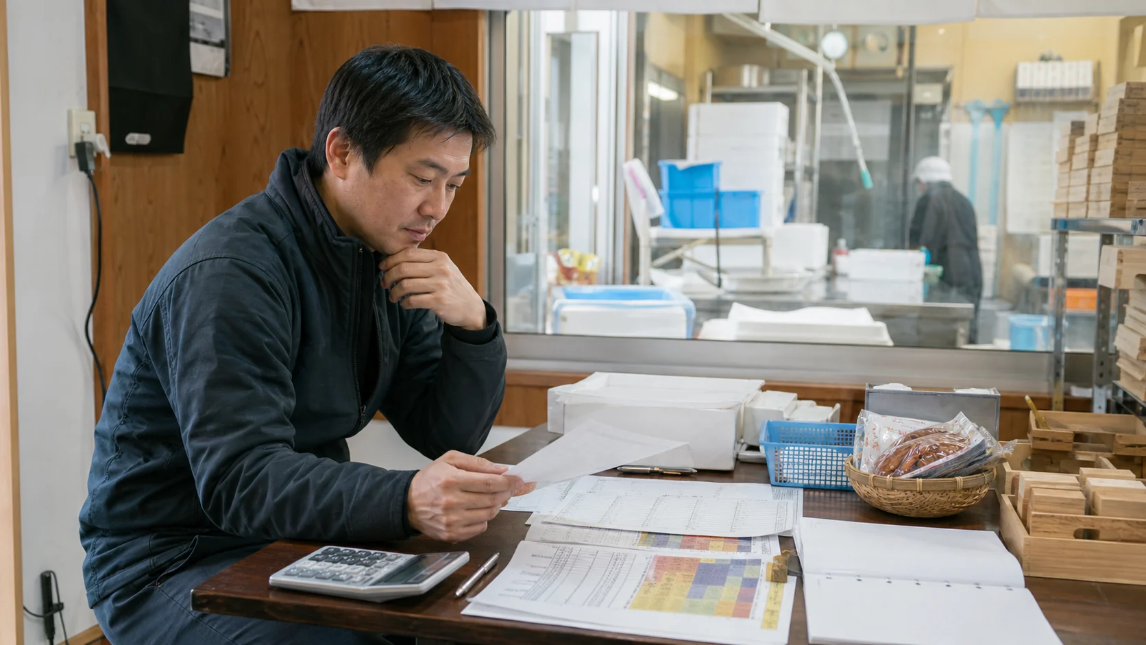 小田原市の事業者が原料相場、冷蔵電力費、観光需要の繁閑、商品在庫、製造検収の遅れによる資金不足日を確認する場面