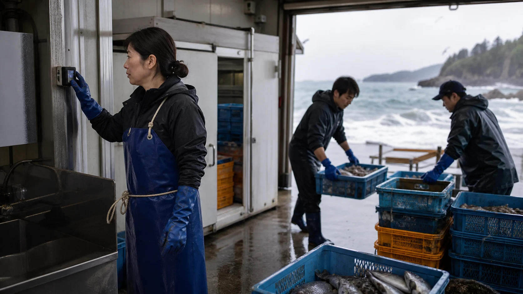 男鹿市の沿岸加工場で冷凍設備と魚介の搬入状況を確認する水産事業者