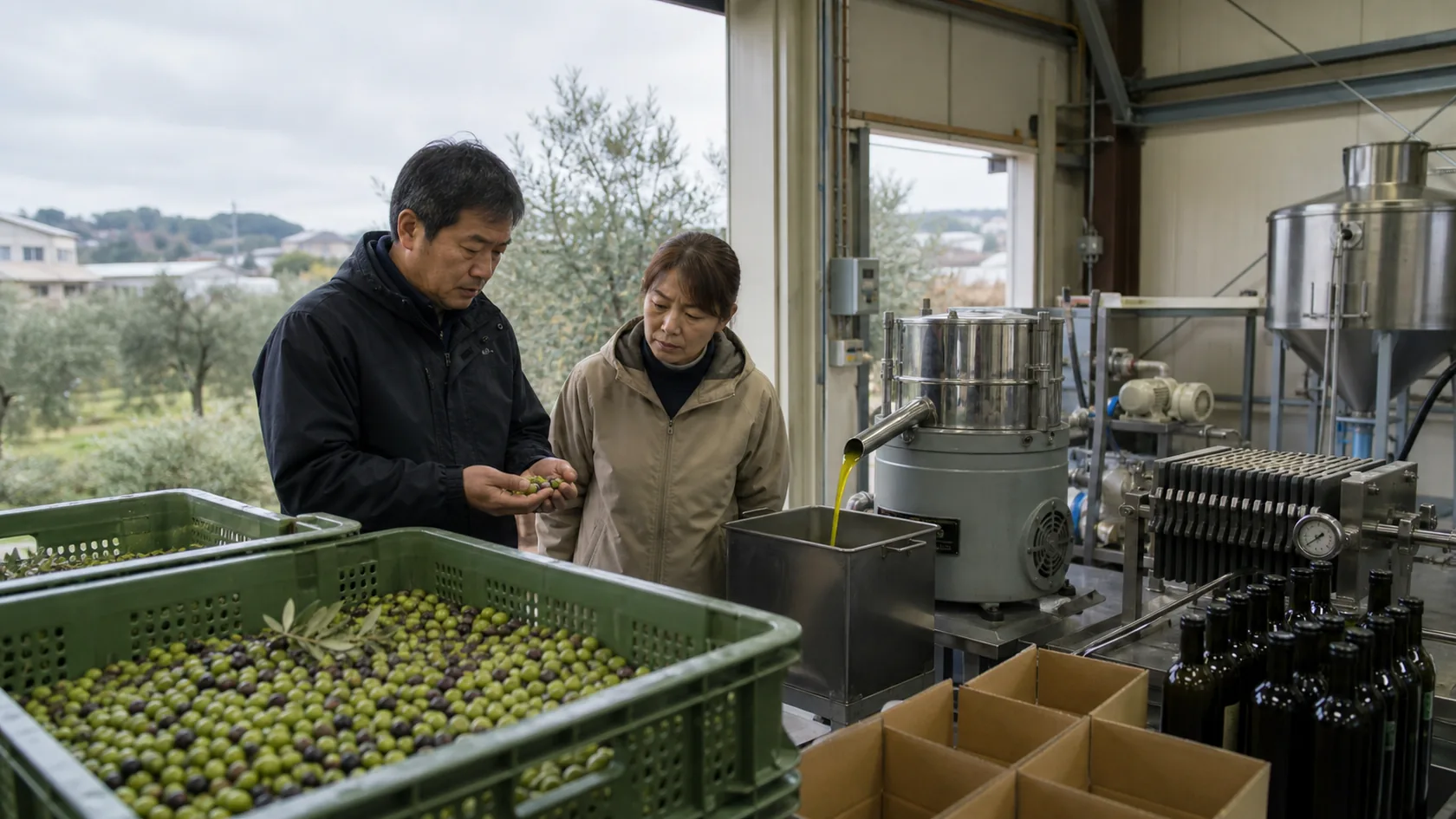 王寺町の町産オリーブの受入れ・搾油・ろ過・瓶詰め販売で在庫・設備容量・出荷予定を確認する担当者