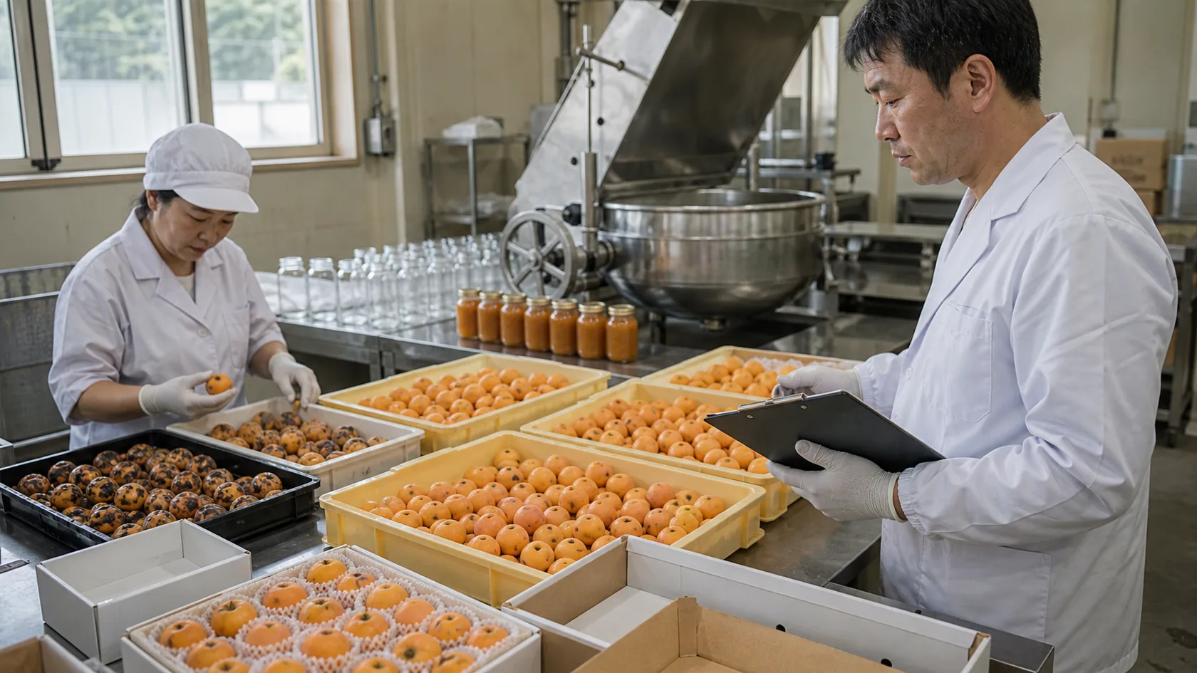 岡垣町の高倉びわの選別・加熱加工・瓶詰め返礼品出荷で在庫・設備容量・出荷予定を確認する担当者