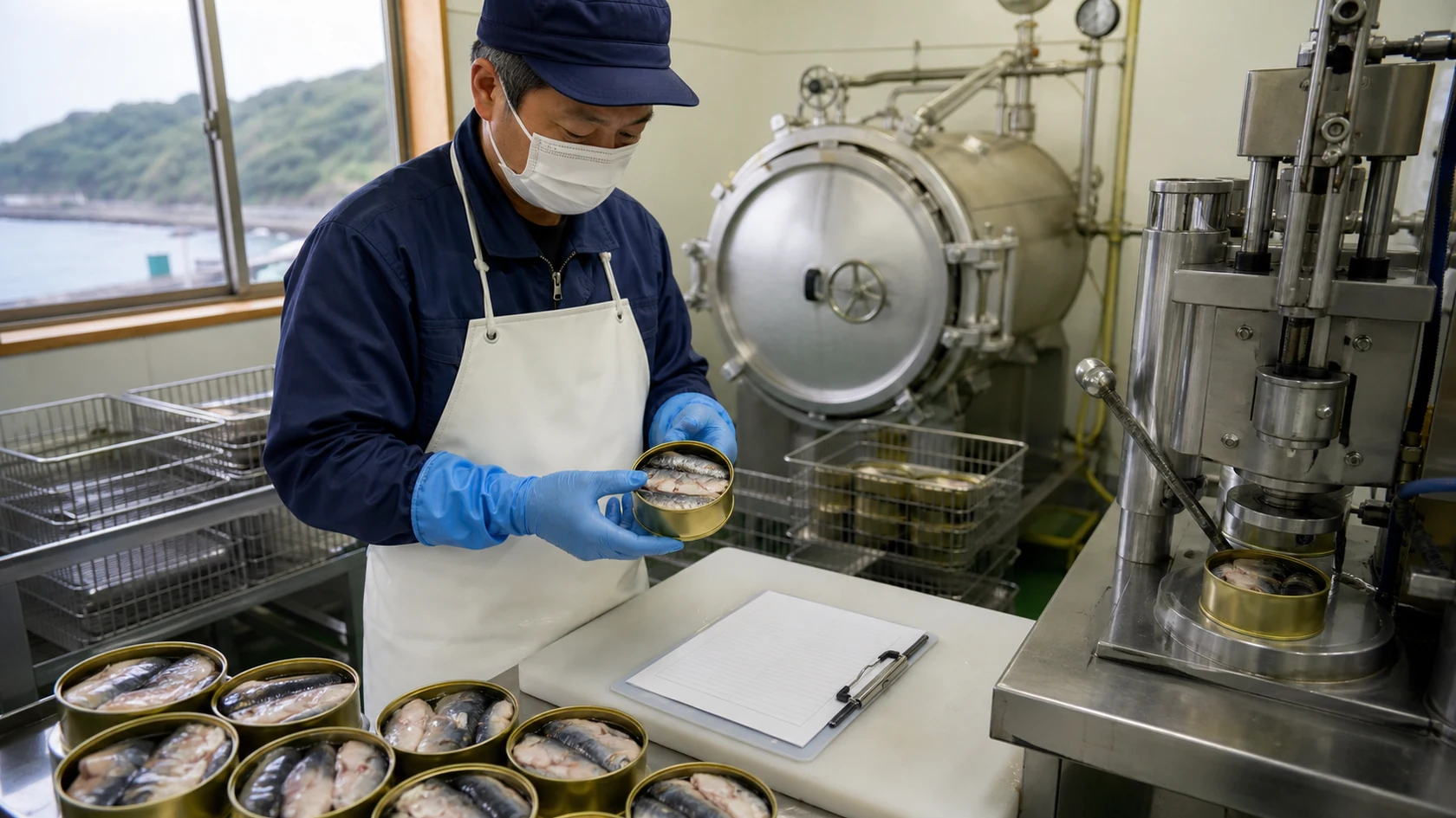 隠岐の島町の水産缶詰加工室で原魚ロット・充填量・巻締め状態・殺菌釜・製品ロットを照合する担当者