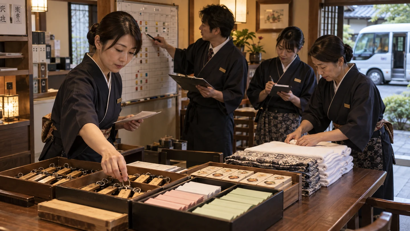 架空の旅館担当者が宿泊人数と食事・リネン表を照合する場面（AI生成イメージ）