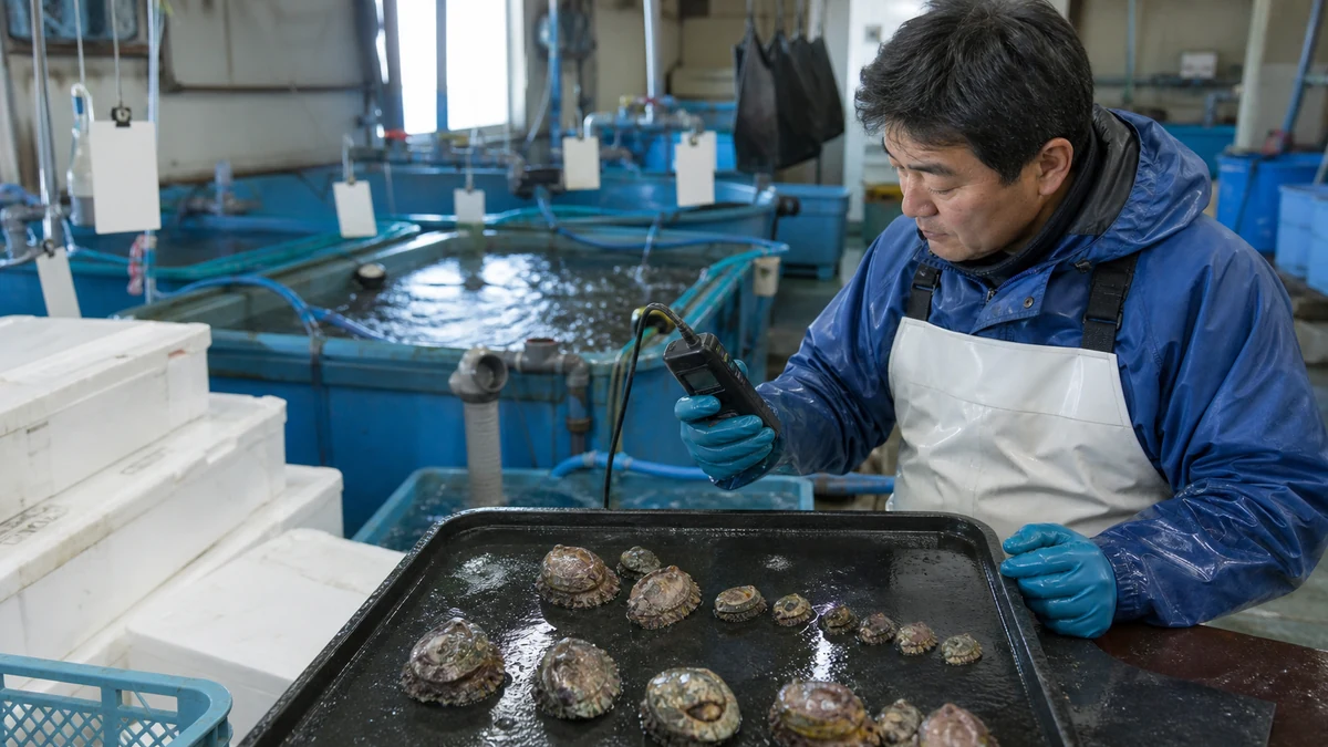 奥尻町のアワビ種苗育成施設で水槽の水温・溶存酸素・稚貝の活力・殻長を確認し、移槽と出荷数を調整する担当者