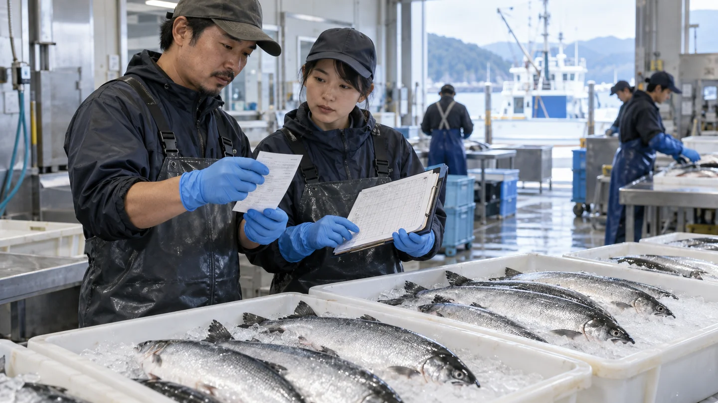 氷を使った銀ざけの計量作業と出荷明細の確認を表した架空の場面（AI生成イメージ）