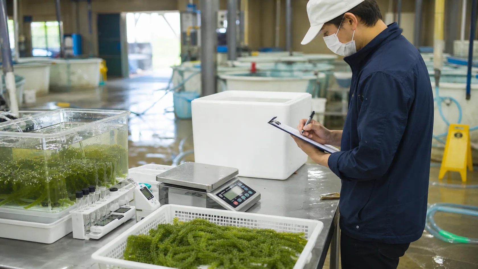 水質・選別歩留まりと出荷検収明細を照合する架空養殖場（AI生成の説明用イメージ）