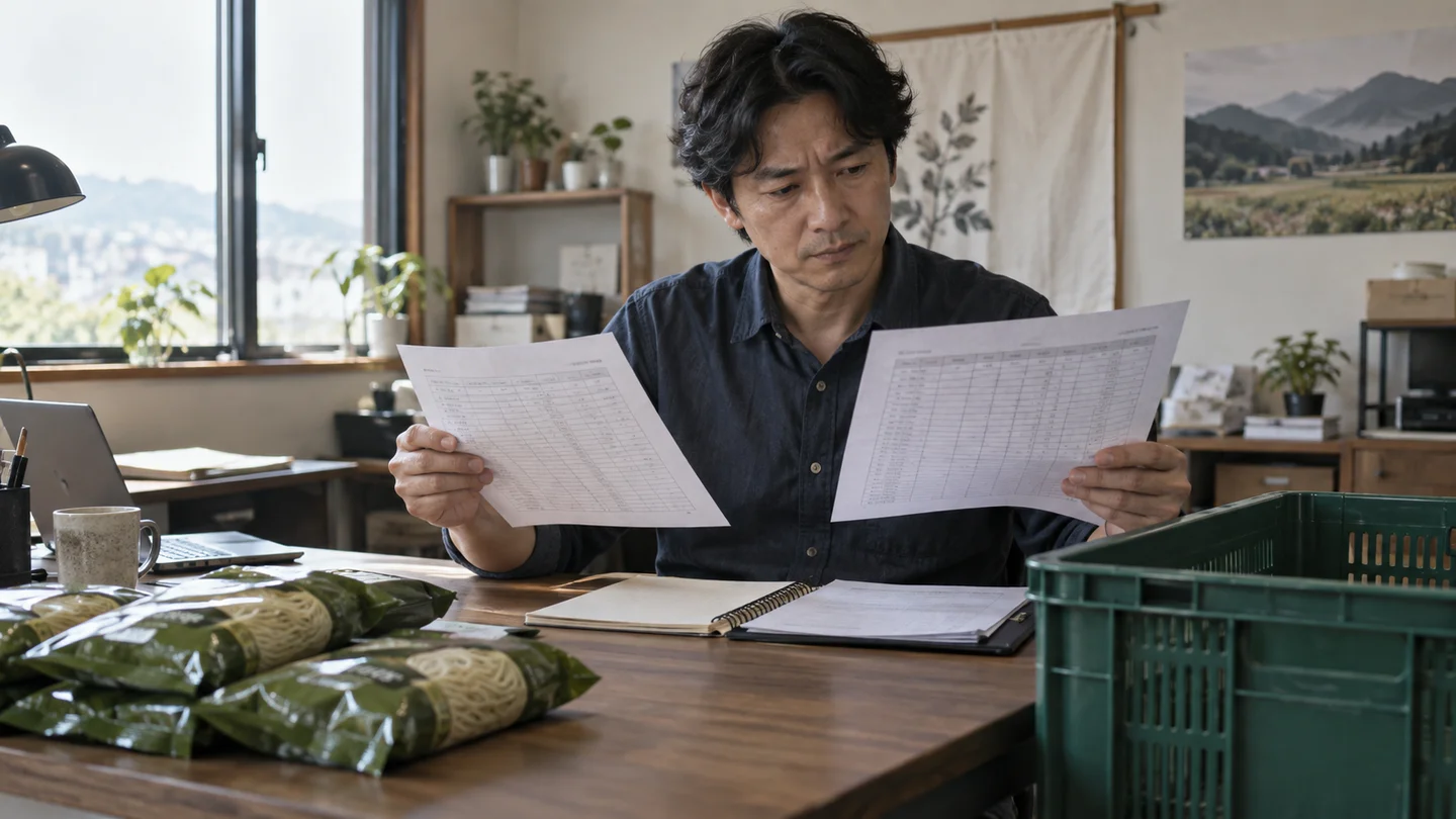 加工乾麺の店頭在庫と精算書を確認する場面（AI生成イメージ）