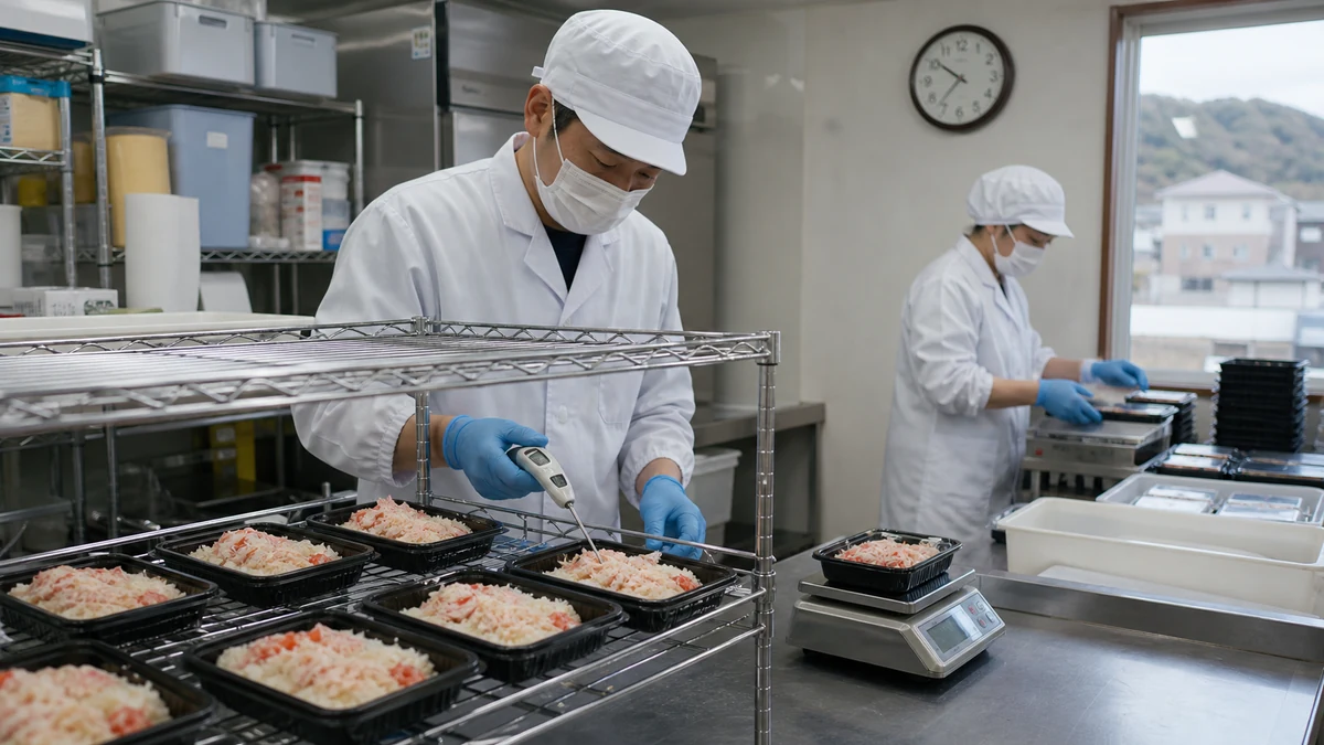 長万部町の弁当製造室で炊飯釜・かに身調理・盛付重量・中心温度・冷却時刻を確認し、かにめしの出荷数を調整する担当者