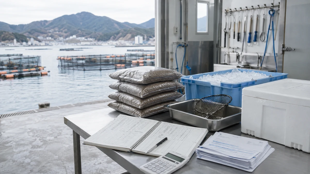 大槌町の岩手大槌サーモンの海面養殖・水揚げ・一次処理・加工出荷で支払日と検収後の入金日がずれる状況を想定した生成イメージ