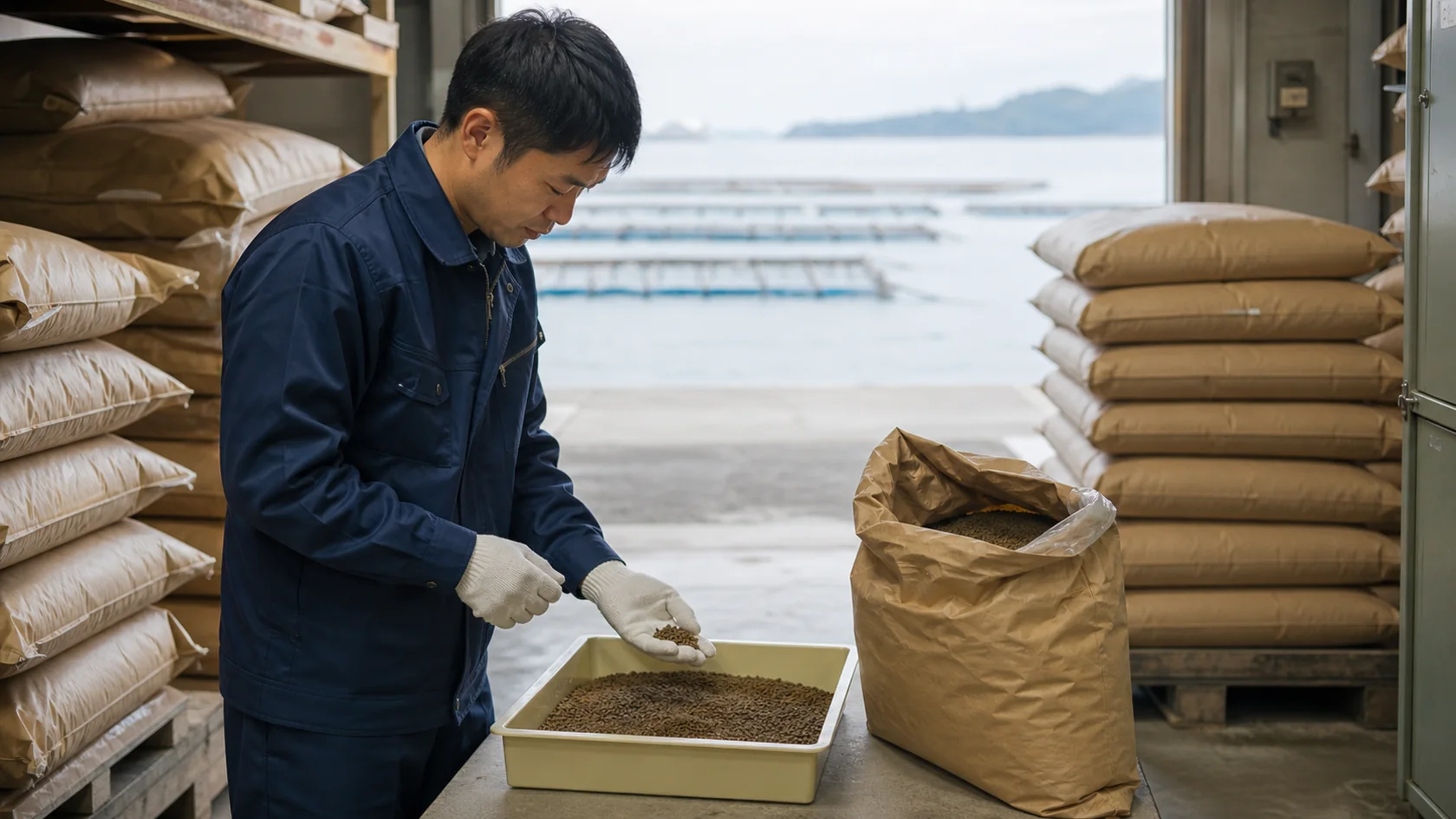 大月町の養殖モデルで陸上保管した飼料と在庫を確認する担当者（AI生成の説明用イメージ）