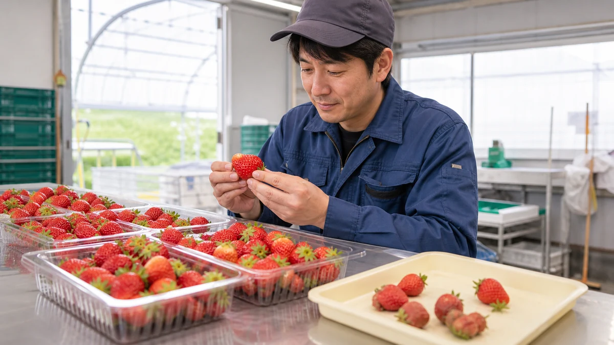 比布町のいちご直売前に果実を選別する場面を想定した生成イメージ