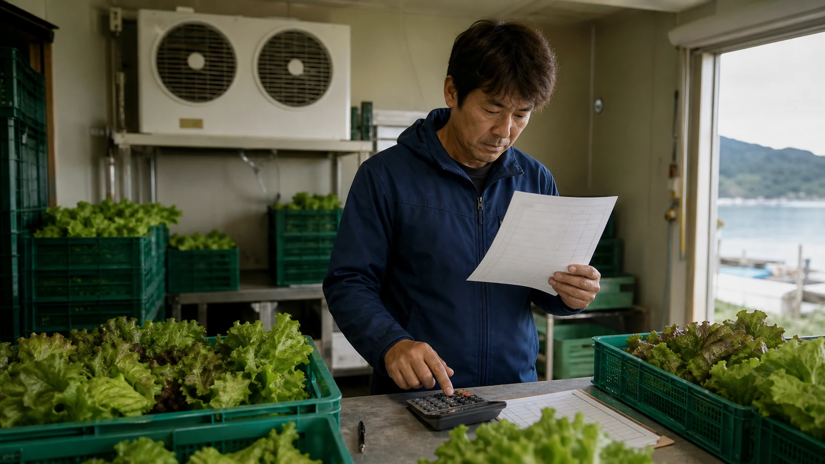 冬レタスの出荷ロットと仕切精算資料を確認する架空農家（AI生成の説明用イメージ）