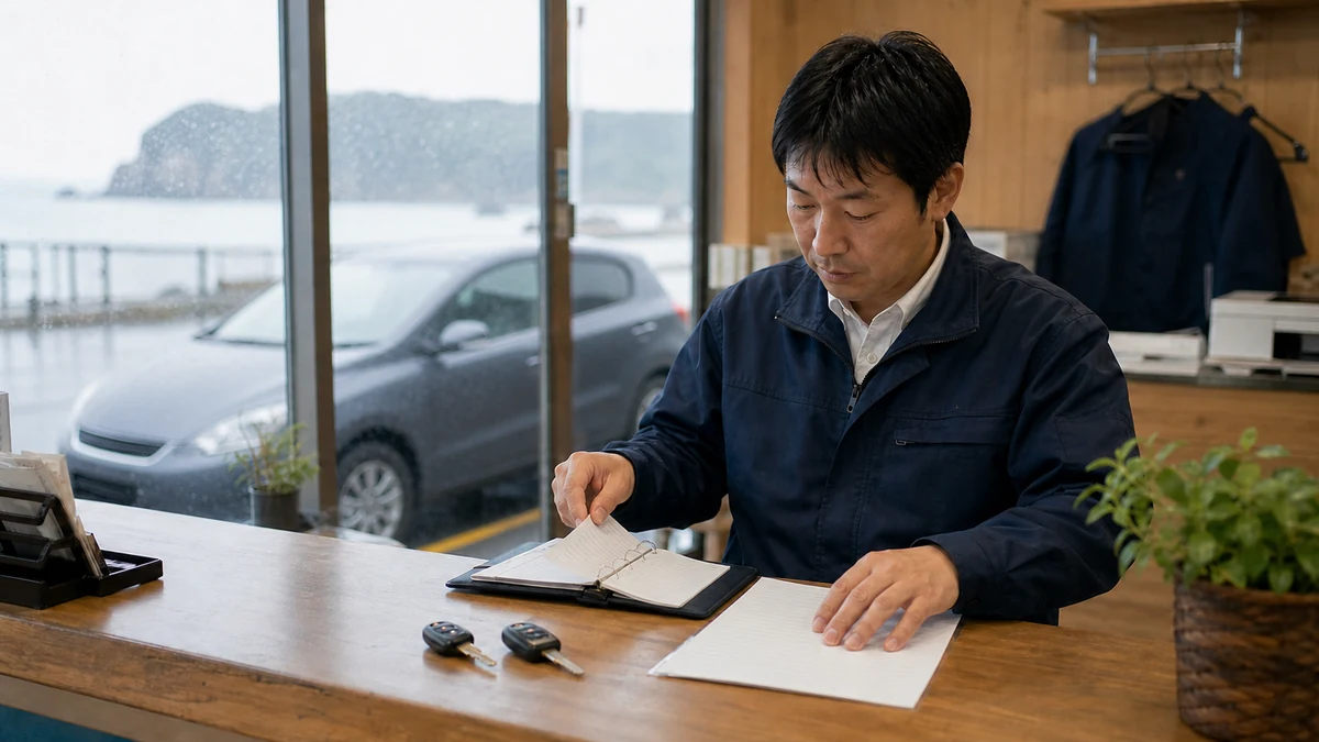 利尻富士町のレンタカー窓口で返却と精算資料を照合する場面を想定した生成イメージ